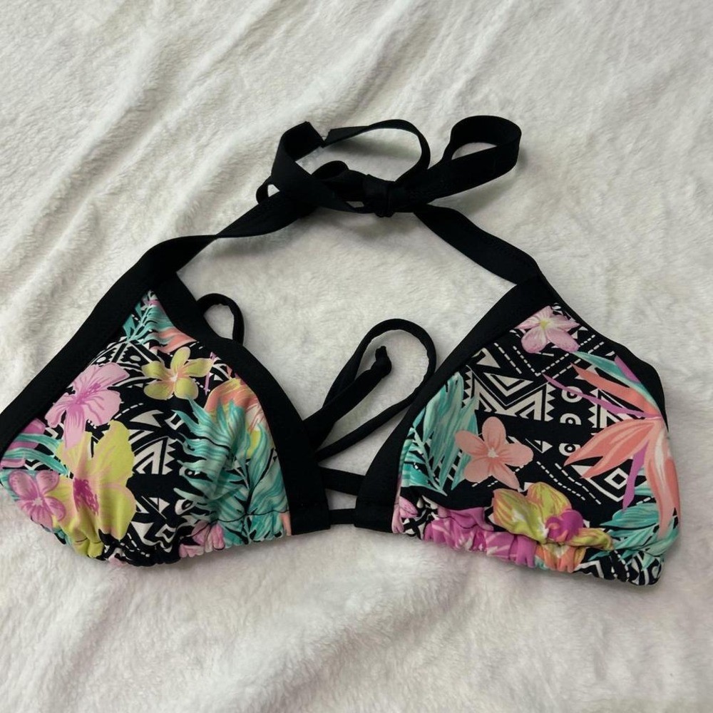 ASCANA Bikini‎ Top Tropical Floral Print Black Triangle Halter Tie Size 34A B
